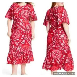 RHODE Zinnia Red and Pink Floral Print Bell Sleeve Midi Dress Size 18